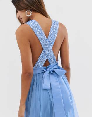 maya delicate sequin bodice maxi dress with cross back bow detail in bluebell