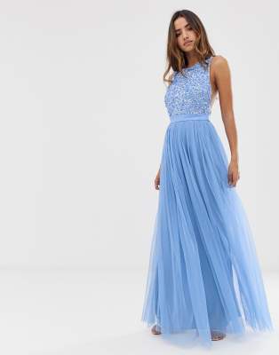 maya delicate sequin bodice maxi dress with cross back bow detail in bluebell