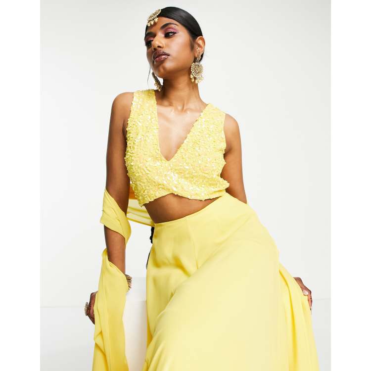 Buy Yellow Crush Lehenga And A Crop Top In Moti Embroidery, Crop Top Comes  In Balloon Sleeves Till The Yoke