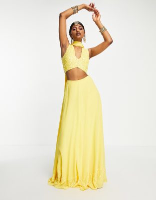 Maya Maya delicate sequin embellished lehenga maxi skirt in yellow-Green