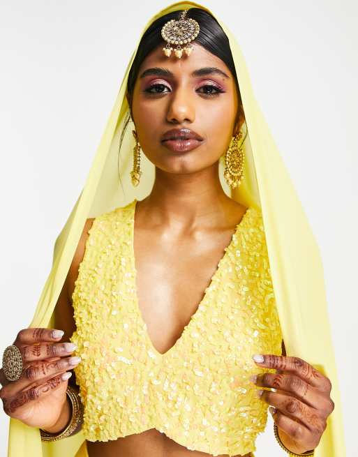 Maya delicate sequin embellished lehenga crop top, scarf and maxi skirt in  yellow | ASOS