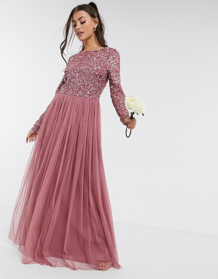 Maya Delicate Sequin Long Sleeve Maxi Dress With Tulle Skirt In Rose-pink