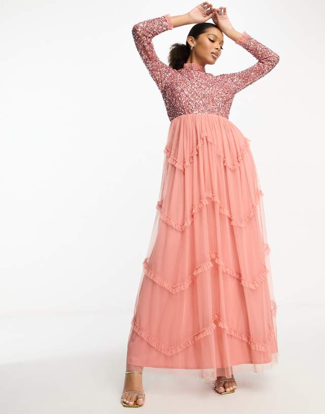 Maya delicate sequin long sleeve ruffle skirt maxi dress in terracotta pink