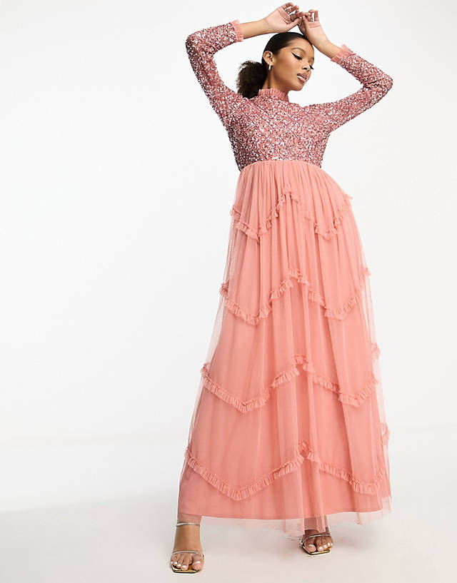 Maya - delicate sequin long sleeve ruffle skirt maxi dress in terrocota pink