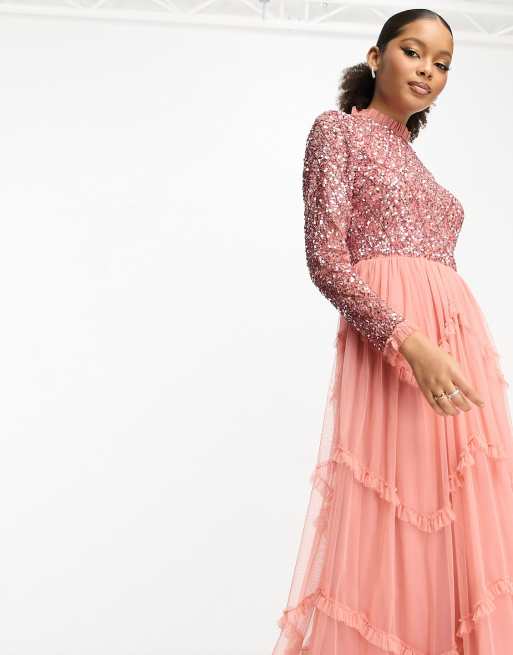 Maya delicate sequin long sleeve ruffle skirt maxi dress in