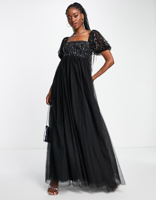 Maya delicate sequin puff sleeve babydoll maxi dress in black ASOS