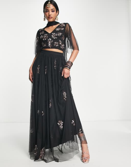 Maya ditsy floral embellished lehenga maxi skirt in black (part of a set)