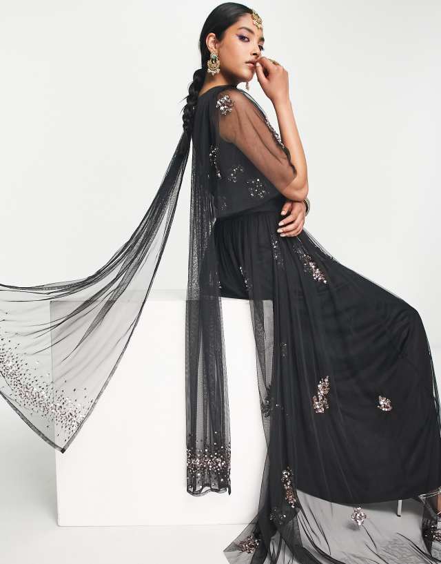 Maya ditsy floral embellished lehenga scarf in black - part of a set