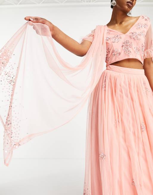 Maya ditsy floral embellished lehenga scarf in blush