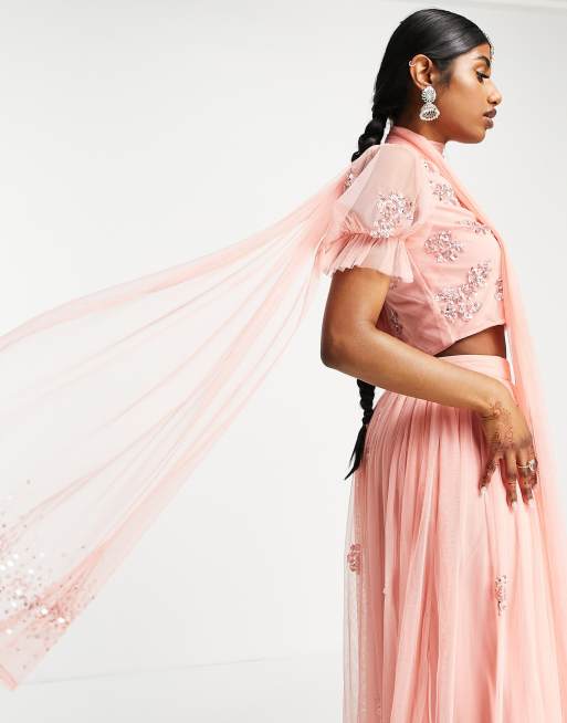 Maya ditsy floral embellished lehenga scarf in blush