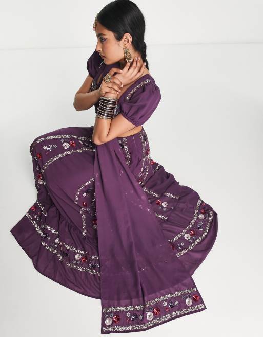 Maya - Dupatta versierd met bloemen en strepen in paars, deel van co-ord set