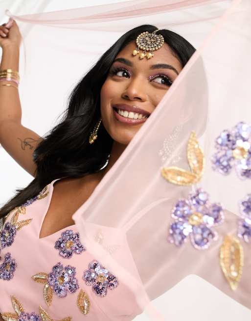 Maya - Dupatta versierd met met contrasterende bloemen in lichtroze, deel van co-ord set