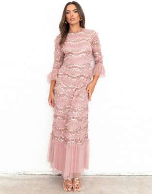 Maya Embellished 3/4 Bell Sleeve Maxi Dress In Pink
