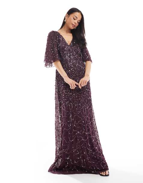 Maya Embellished angel sleeve maxi dress in berry