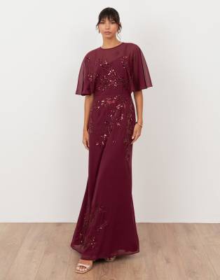 Maya Embellished Angel Sleeve Maxi Dress In Red