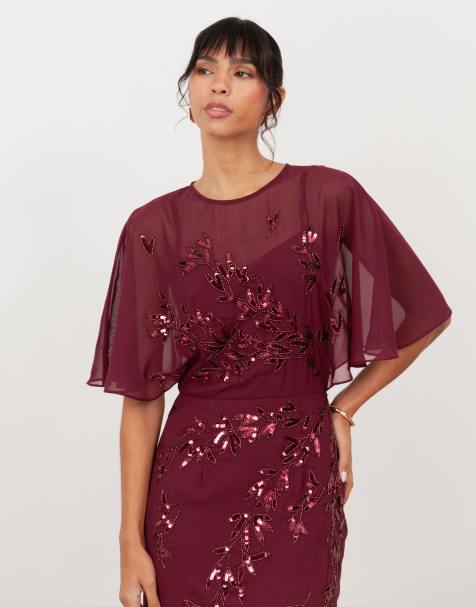 shop bodycon dresses Berrylush Women Solid Maroon Square Neck Puff Sleeves Crepe Flared Max