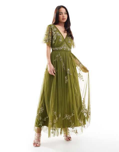 Maya Embellished angel sleeve open back midaxi dress in dark green