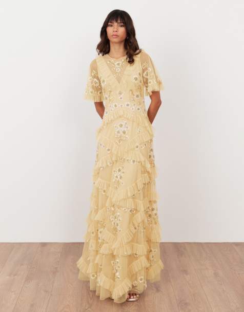 Maya Embellished angel sleeve ruffle maxi dress in buttercream - view 1