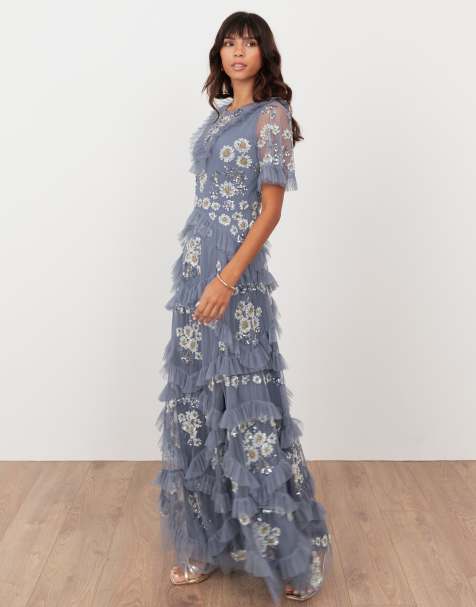 Maya Embellished angel sleeve ruffle maxi dress in infinity blue