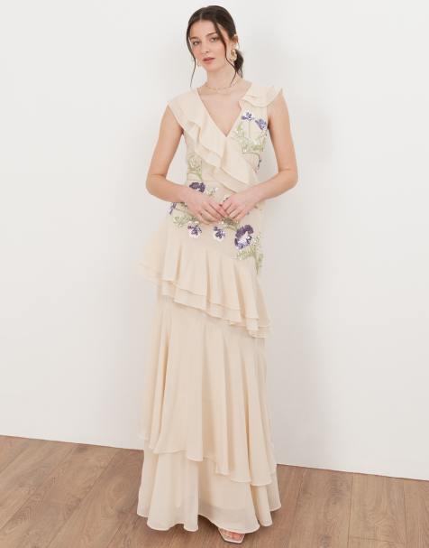 Maya Embellished asymmetric ruffle maxi dress in vanilla