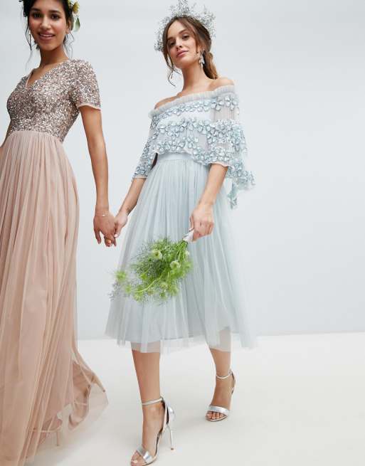 Maya embellished bardot layered midaxi dress in ice blue Maya embellished bardot layered midaxi dress in ice blue