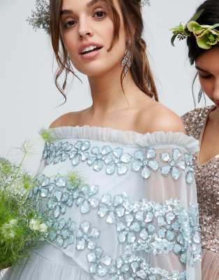 maya embellished bardot layered midaxi dress in ice blue