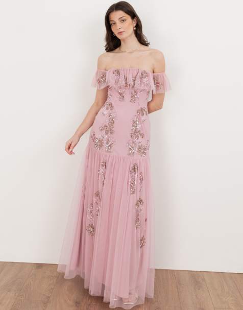 Maya Embellished bardot maxi dress in soft pink - view 1
