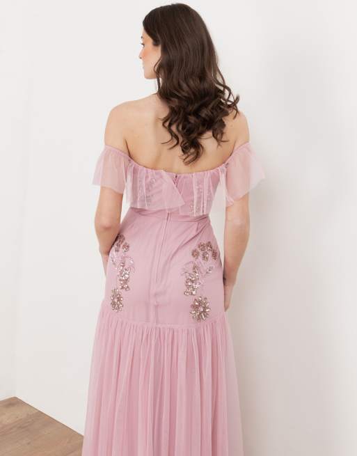 Maya Embellished bardot maxi dress in soft pink | ASOS