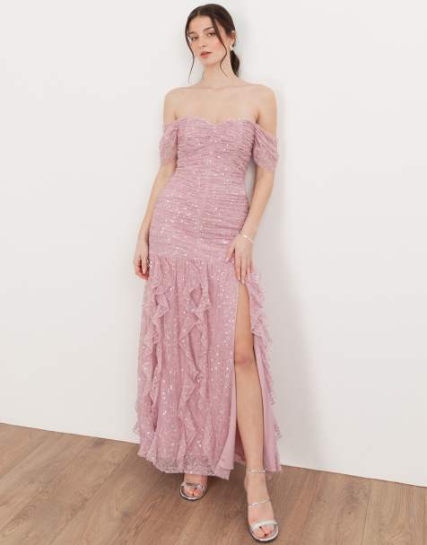 Maya Embellished bardot maxi dress in soft pink