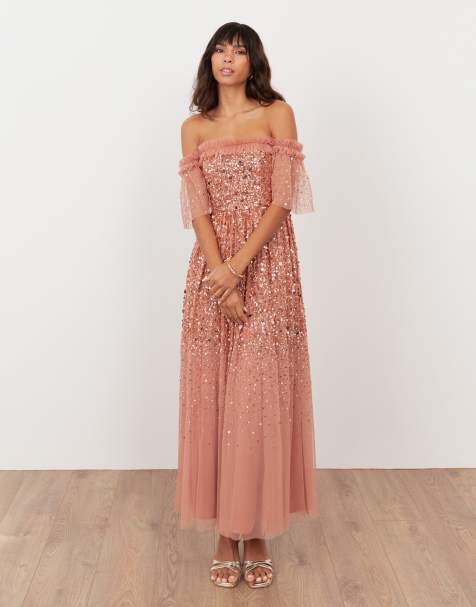 Maya Embellished bardot midaxi dress in terracotta pink