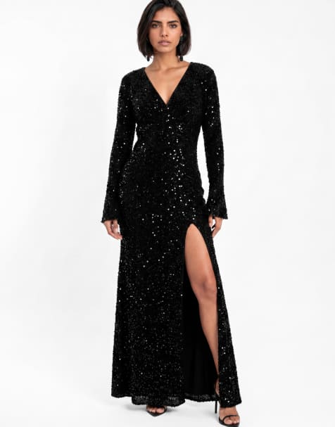 Maya Embellished bell sleeve velvet maxi dress in black - view 1