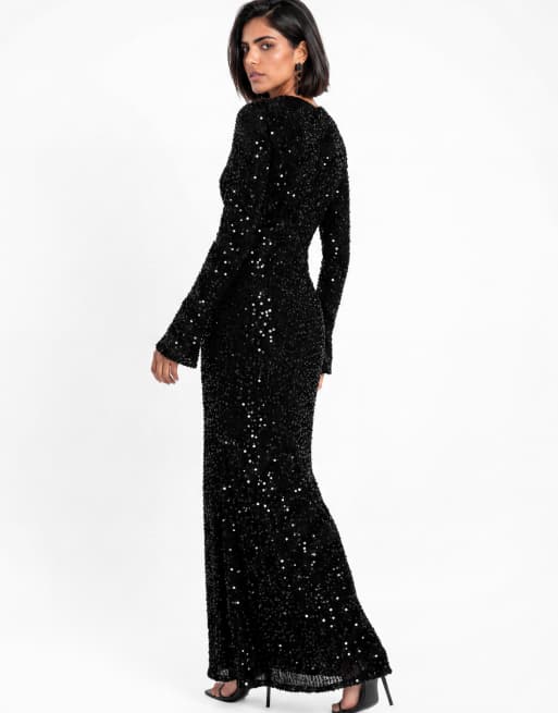 Maya Embellished bell sleeve velvet maxi dress in black, 2 of 5