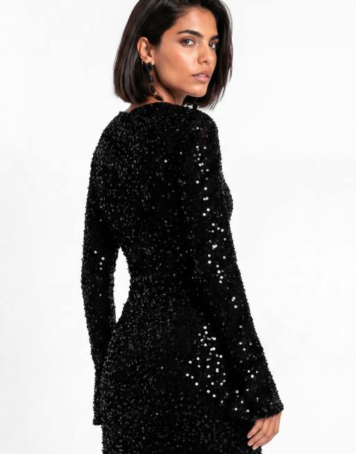 Maya Embellished bell sleeve velvet maxi dress in black, 4 of 5