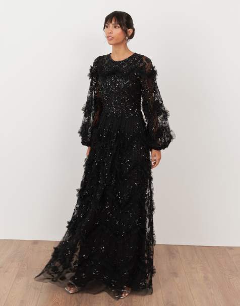 Maya Embellished blouson sleeve maxi dress in black - view 1