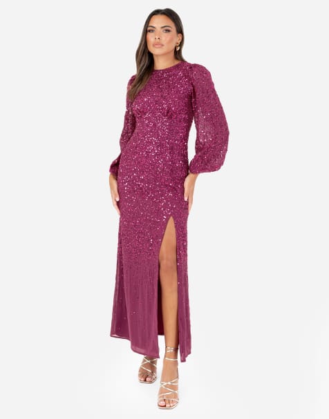 Maya Embellished blouson sleeve maxi dress in deep pink