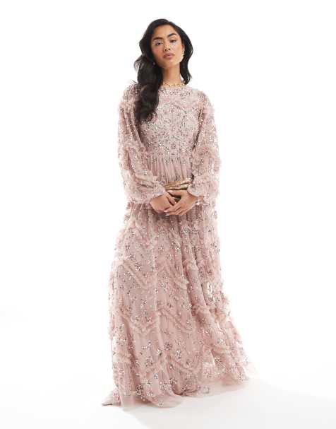 Maya Embellished blouson sleeve maxi dress in frosted pink