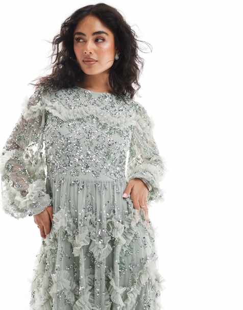 Maya Embellished blouson sleeve maxi dress in sage green