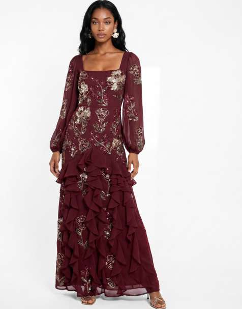 Maya Embellished blouson sleeve ruffle maxi dress in ruby - view 1