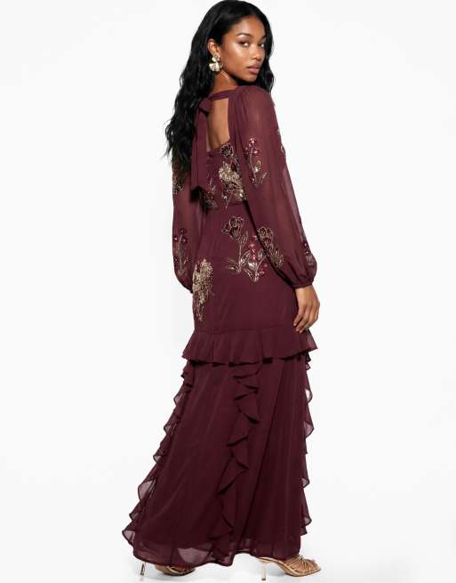 Maya Embellished blouson sleeve ruffle maxi dress in ruby, 2 of 6
