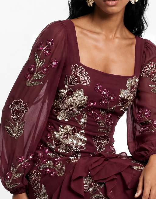 Maya Embellished blouson sleeve ruffle maxi dress in ruby, 3 of 6