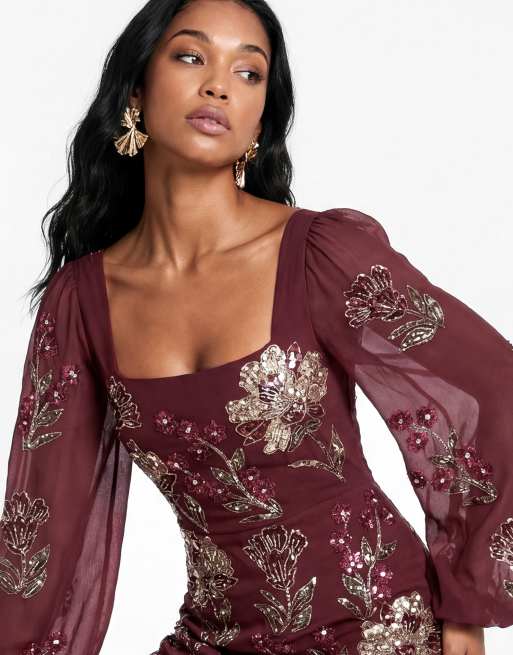 Maya Embellished blouson sleeve ruffle maxi dress in ruby, 4 of 6