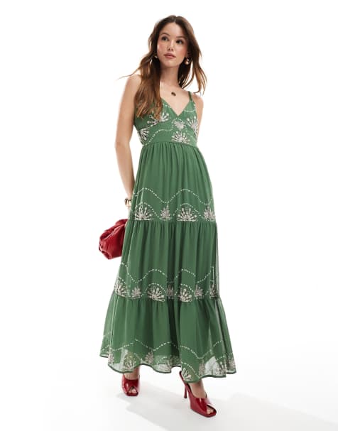 Maya Embellished cami midaxi dress in mid green