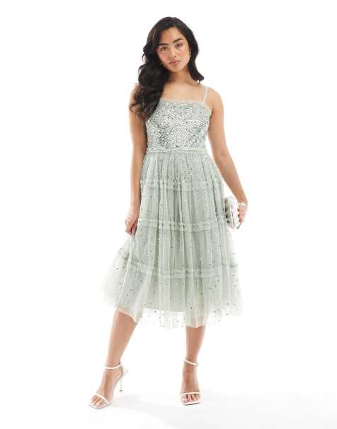 Maya Embellished cami midi dress with frill detail in sage green
