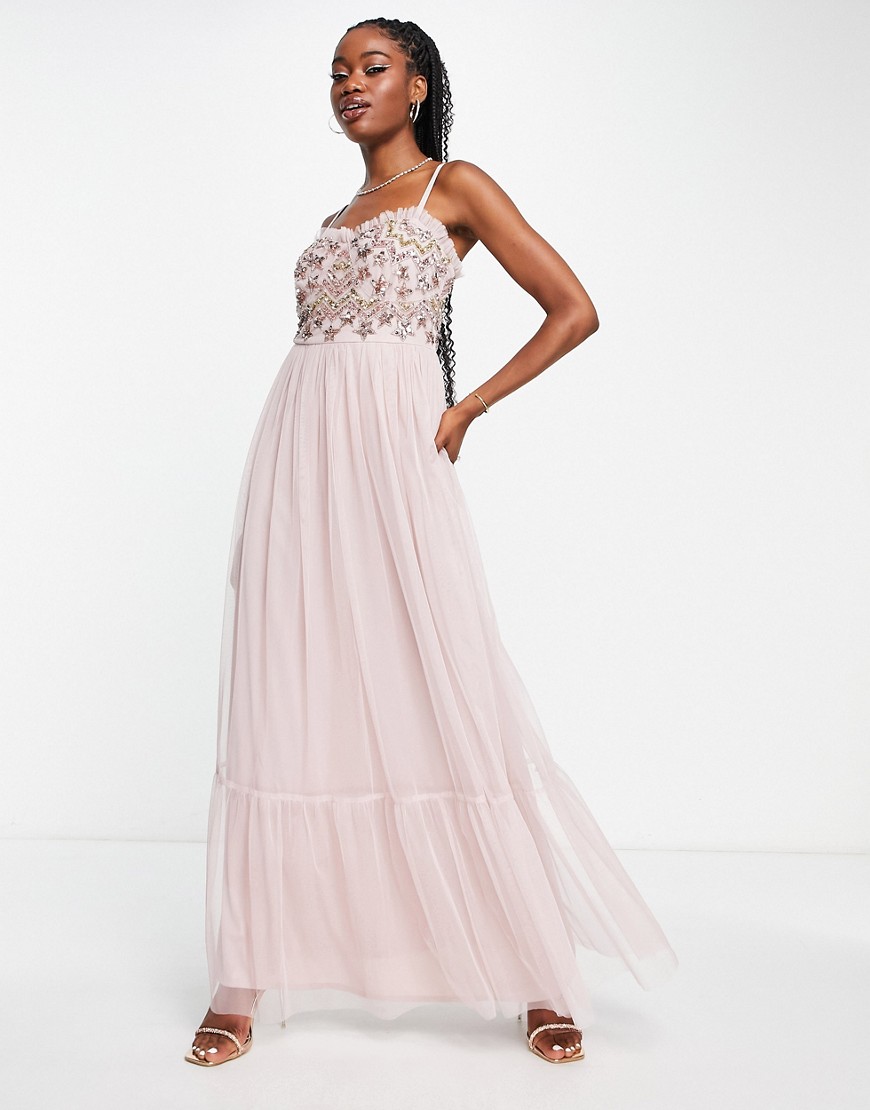 embellished corset tulle maxi dress in blush-Pink