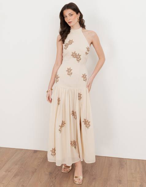 Maya Embellished drop waist halter neck midaxi dress in vanilla - view 1