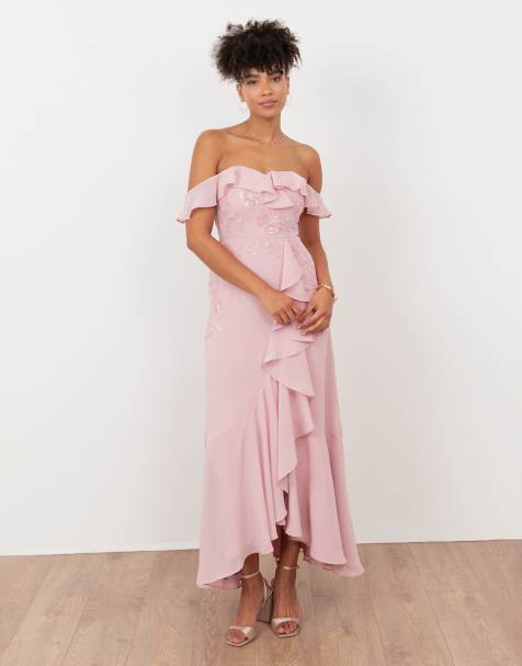 Maya Embellished faux wrap bardot midaxi dress in soft pink - view 1