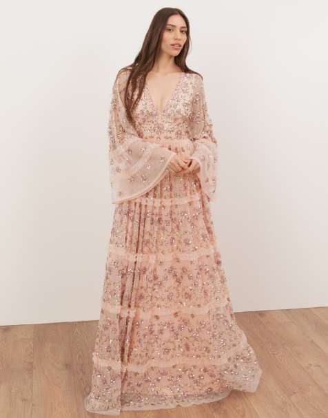 Maya Embellished flared long sleeve maxi dress in peach - view 1