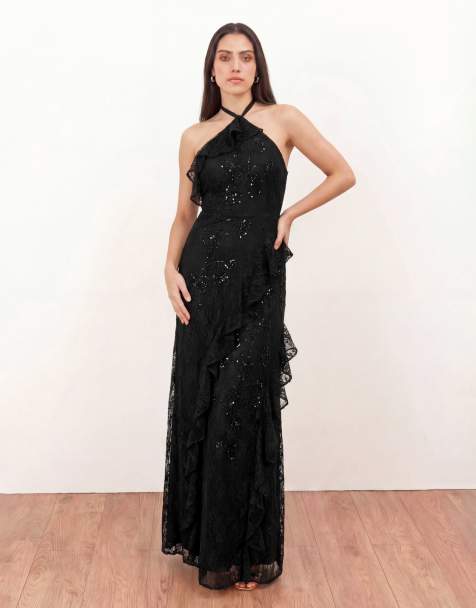 Maya Embellished halter neck lace maxi dress in black