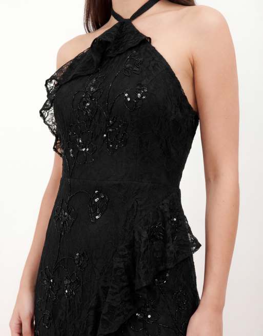 slim fit dress slacks Embellished Plunge Halter Neck Evening Gown in Black - 4