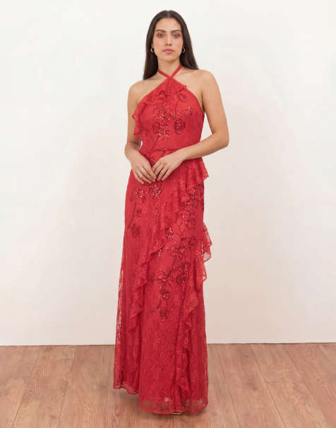 Maya Embellished halter neck lace maxi dress in pink - view 1